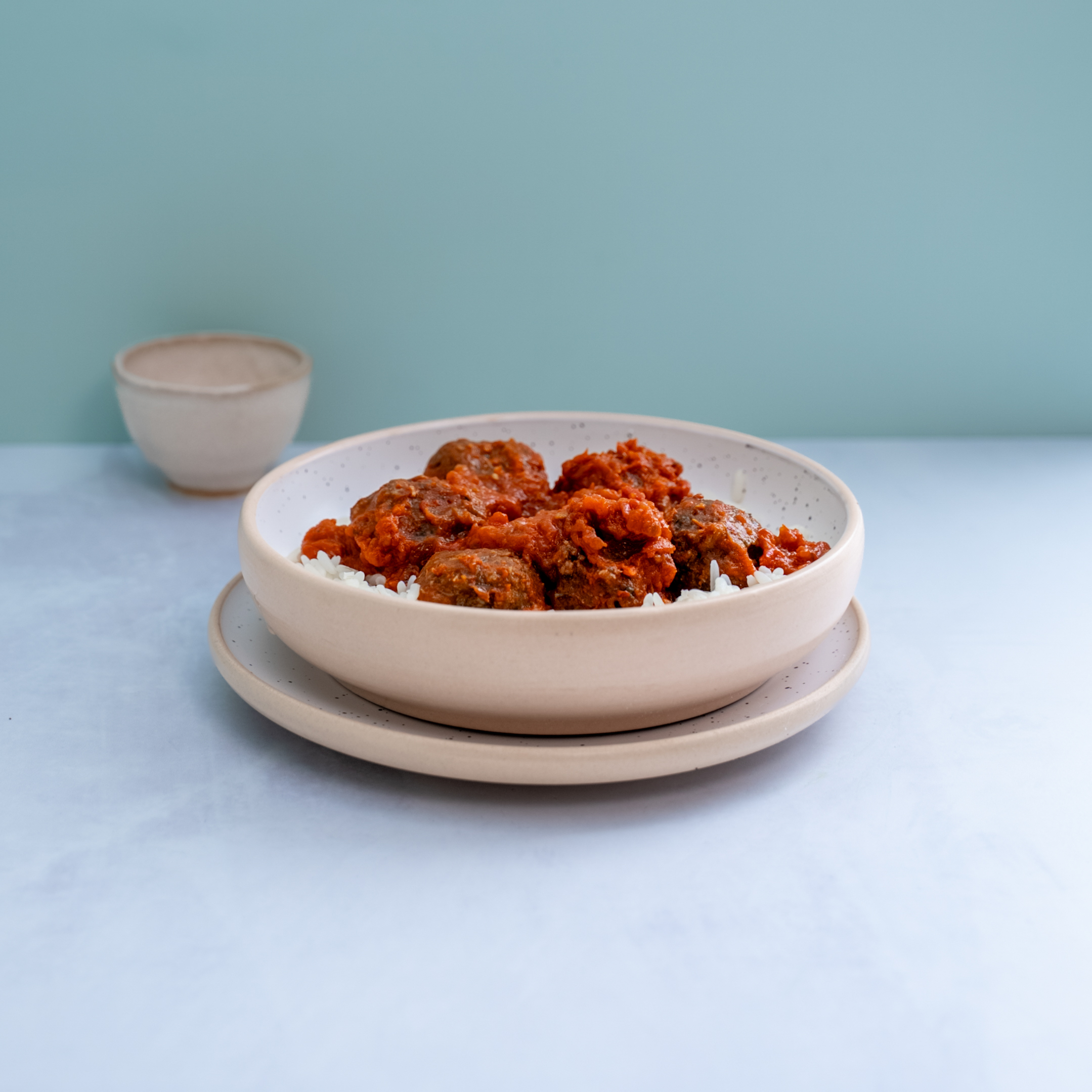 Albóndigas de carne en salsa fileto con arroz blanco