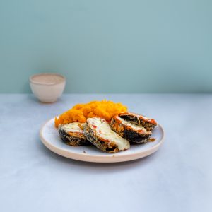 Milanesas de berenjenas napo con pure de calabaza